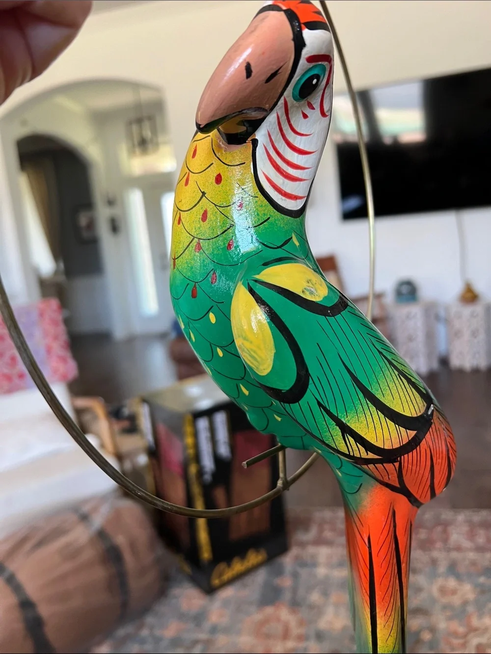 Colorful Parrot Hanging Bird Decor in Green and Orange - Ceramic Pottery